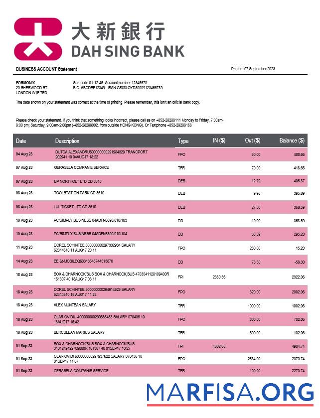 Realistic Dah Sing Bank company checking account statement Word and PDF template